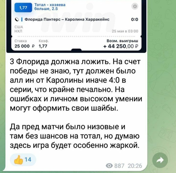 «Чисто хоккей» — канал со ставками в «Телеграмм», отзывы