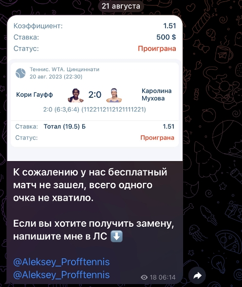 Обзор телеграм-канала Теннис | Ставки на АТП ВТА, отзывы о каппере