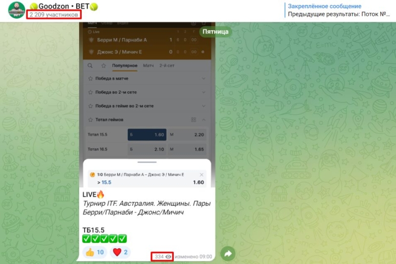 Goodzon BET — прогнозы на теннис в ТГ, отзывы