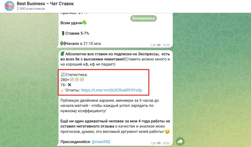 Best Business — канал о ставках в Телеграмм, отзывы