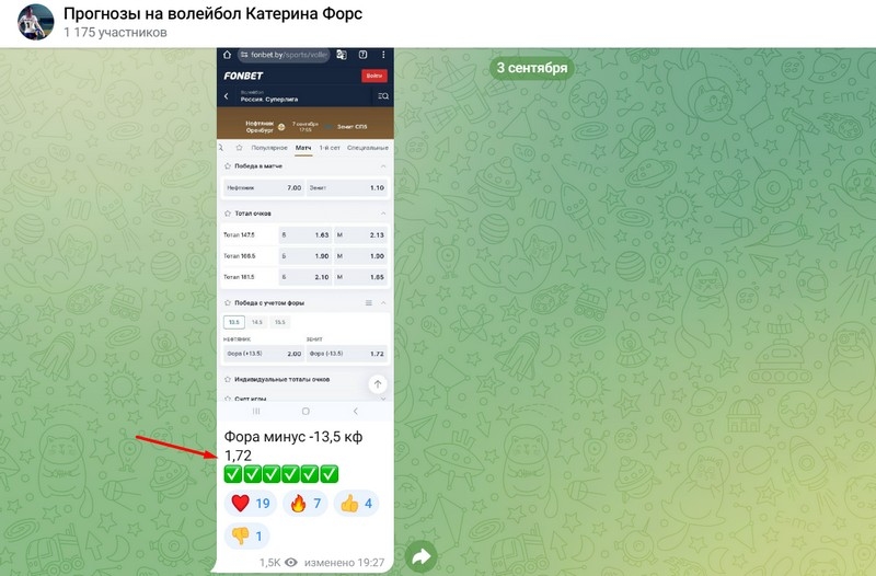 Прогнозы на волейбол Катерина Форс — ТГ канал, обзор, отзывы